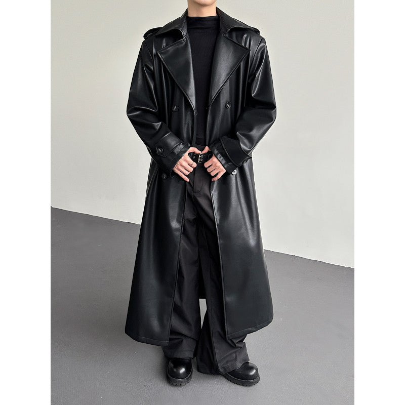 Double Breasted Belted PU Leather Long Trench Coat