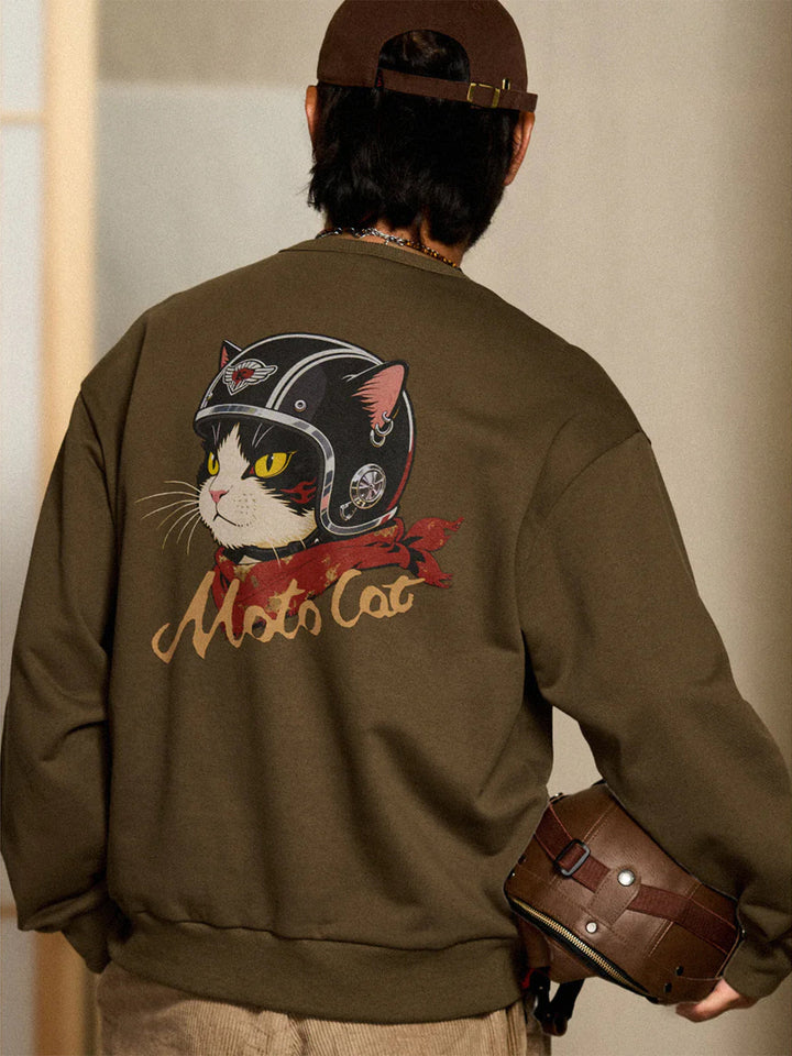 "Cat Wearing Helmet" Print &amp; Karaku Logo Embroidery V-Gusset Sweatshirt