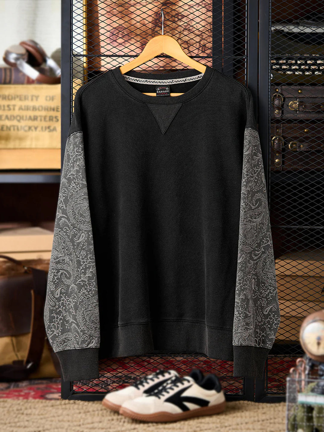 Washed Sweatshirt with Paisley Denim Sleeves &amp; V-Gusset Detail