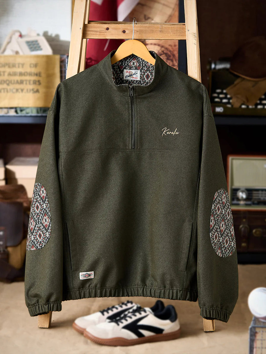 “KaraKu” Logo Embroidered Half-Zip Denim Sweatshirt with Navajo-Style Lining &amp; Elbow Patches