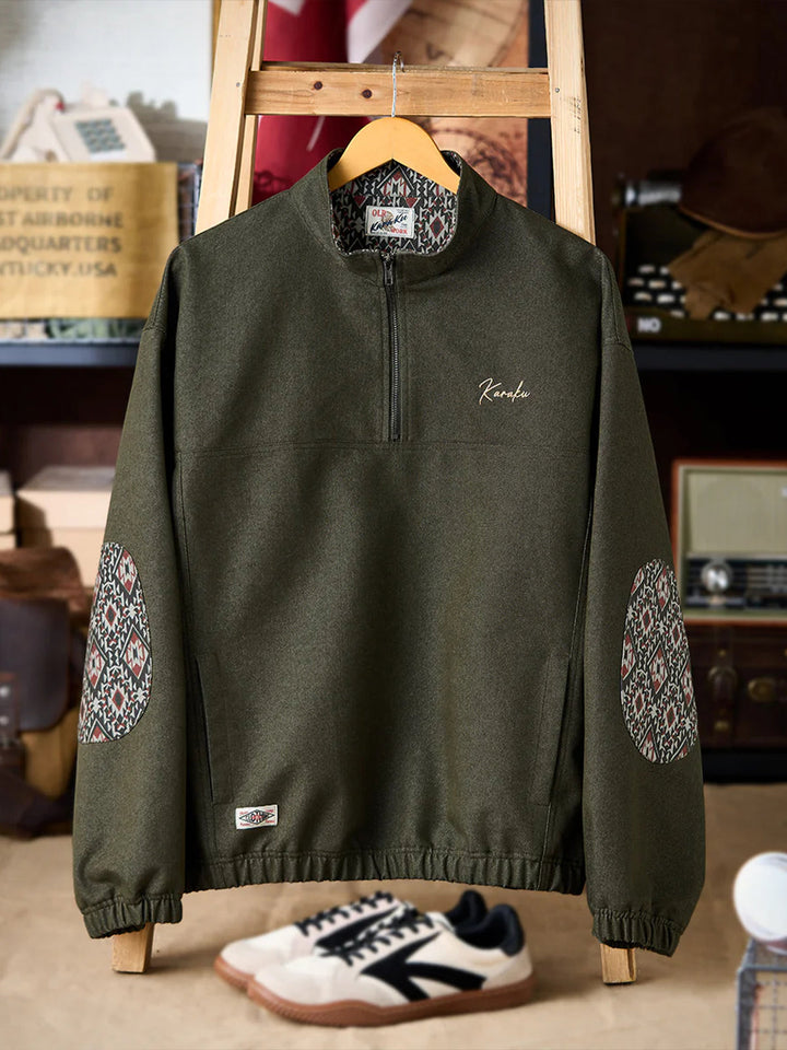 “KaraKu” Logo Embroidered Half-Zip Denim Sweatshirt with Navajo-Style Lining &amp; Elbow Patches