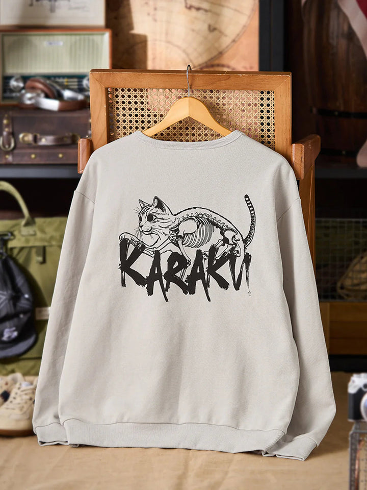 "Skeleton-Visible Cat" Print Back-Pile Cotton V-Gusset Sweatshirt