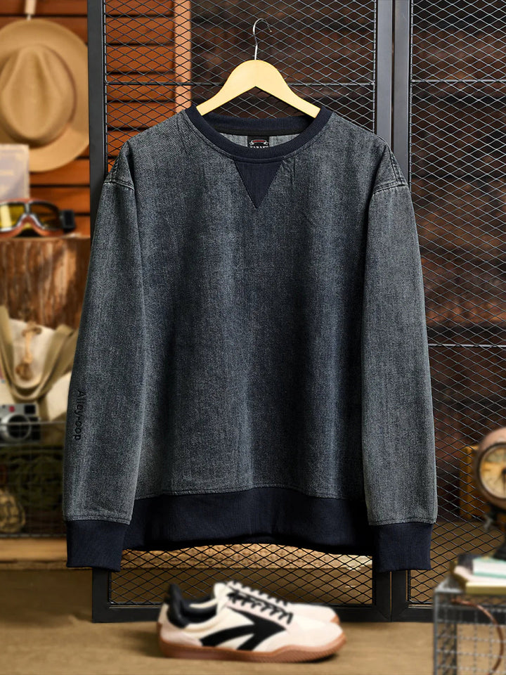 “Alley-oop” Sleeve Embroidery V-Gusset Stone-Washed Denim Sweatshirt