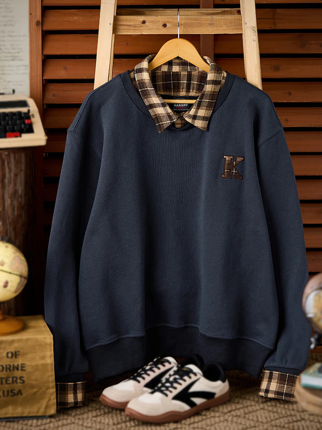 "K" Embroidered Patch Faux-Layered Check Sweatshirt