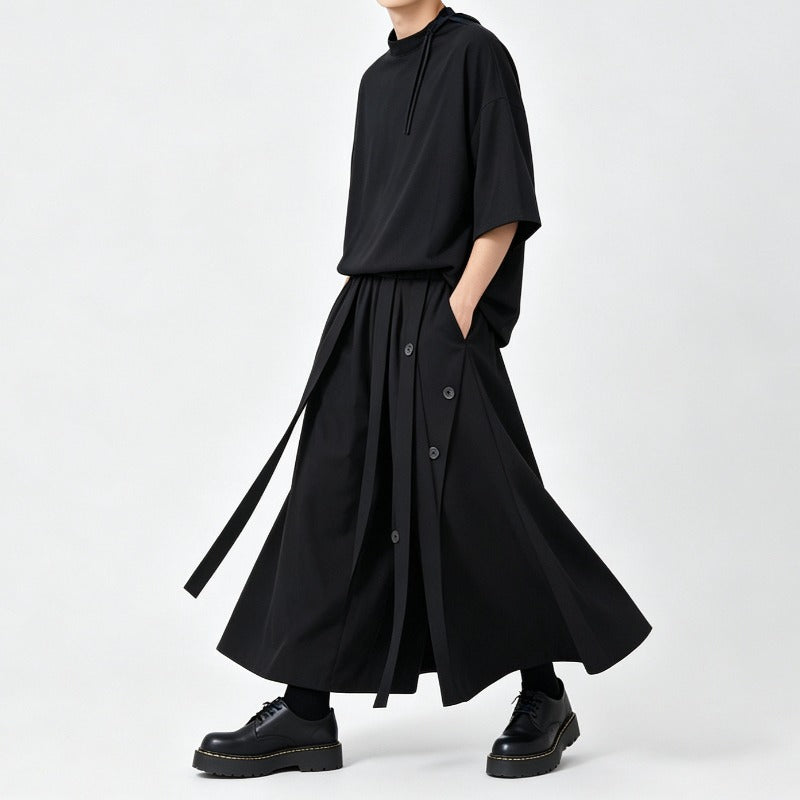 Japanese Loose Half Sleeve T-shirt High-waist Patchwork Wide-leg Skirt-pants Two-piece Set