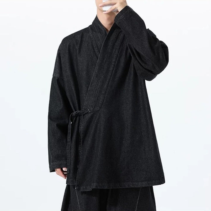 Vintage Washed Denim Cross Front Kimono Coat