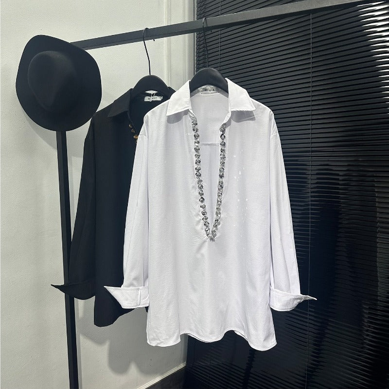 Deep V-neck Loose-fitting Sequin Shirt