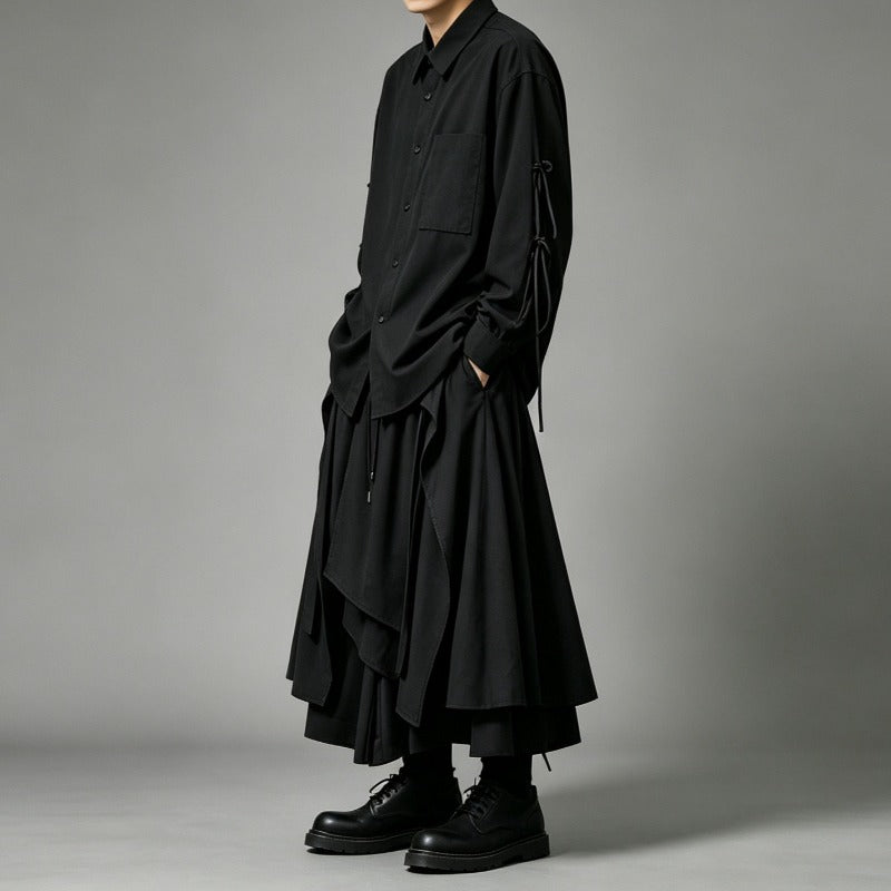 Japanese Loose Asymmetrical multi-layered Shirt and Skirt-Pants Two-piece Set
