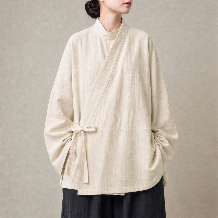 Cotton Textured Cross Collar Wrap Side Tie Loose Cardigan