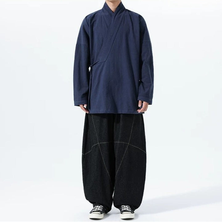 Loose Cotton Layered Cross Front Side Tie Shirt Hanfu