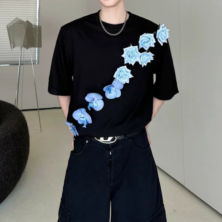 3D Blue Floral Applique Oversized T-Shirt