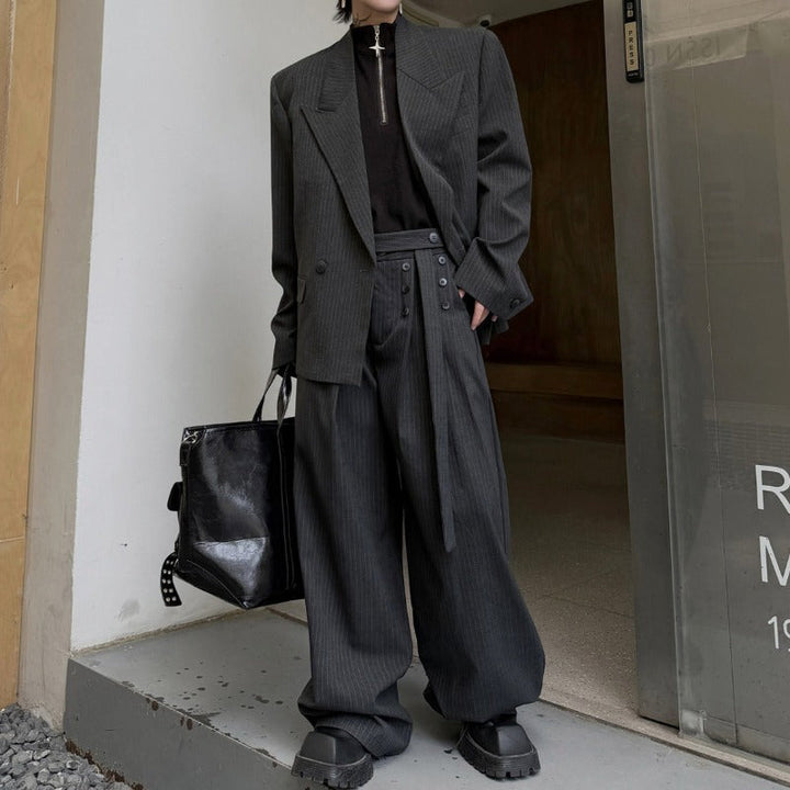 Pinstripe Ribbon Tape Accent Oversized Blazer Wide-leg Trousers Two-piece Set