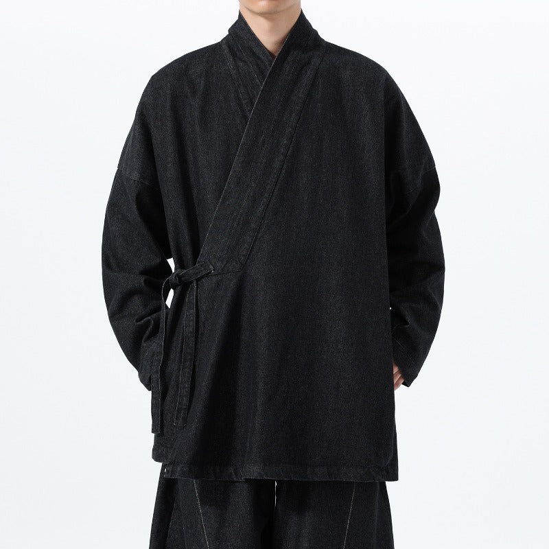 Vintage Washed Denim Cross Front Kimono Coat