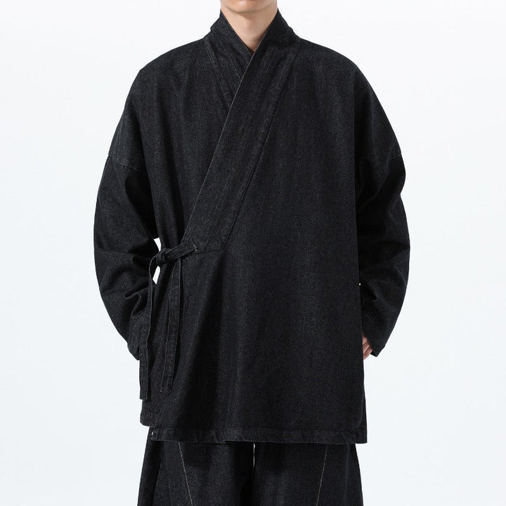 Vintage Washed Denim Cross Front Kimono Coat