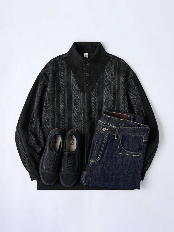 3-Button High-Neck Jacquard Knit Sweatshirt