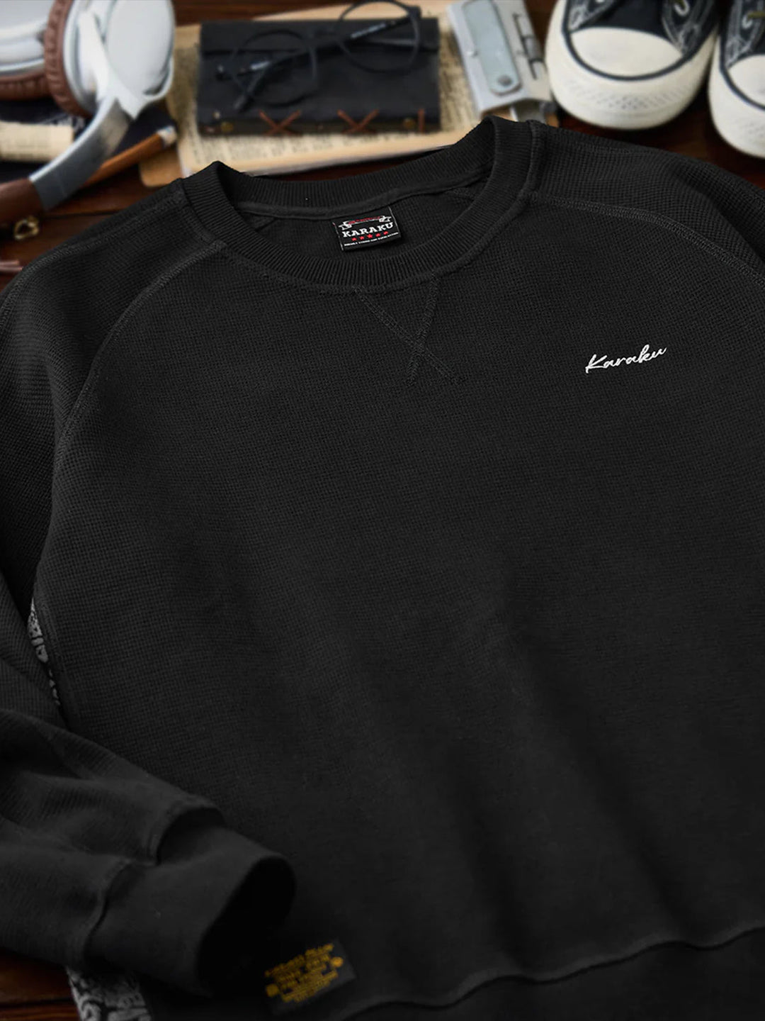 Jacquard Paisley Panel “KaraKu” Embroidered Mini Waffle Sweatshirt