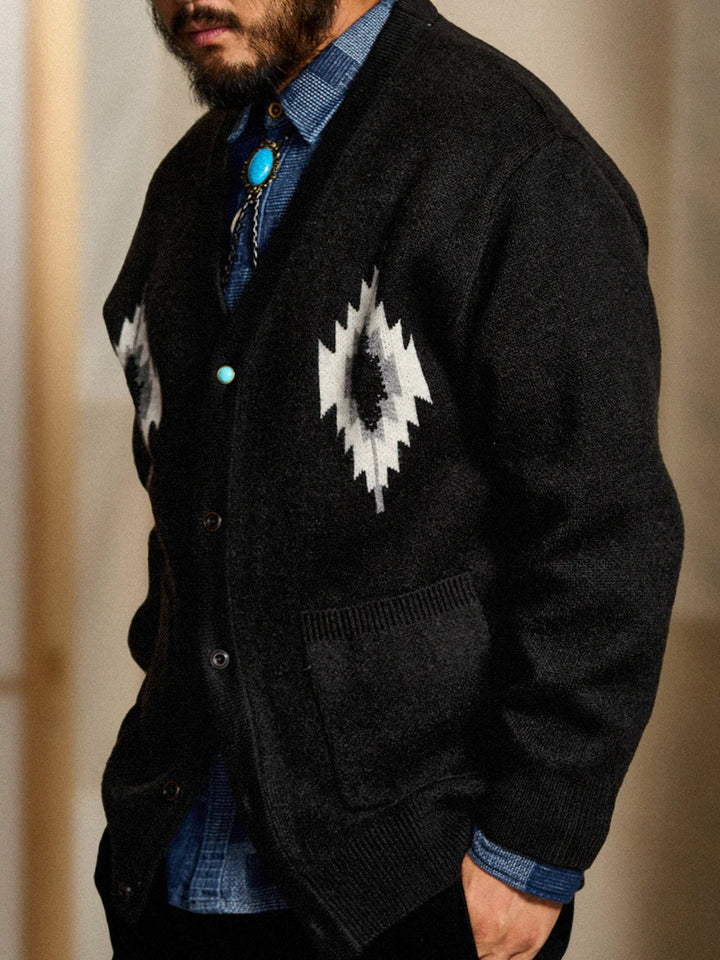 Jacquard Knit V-Neck Cardigan with Navajo &amp; Thunderbird Motifs