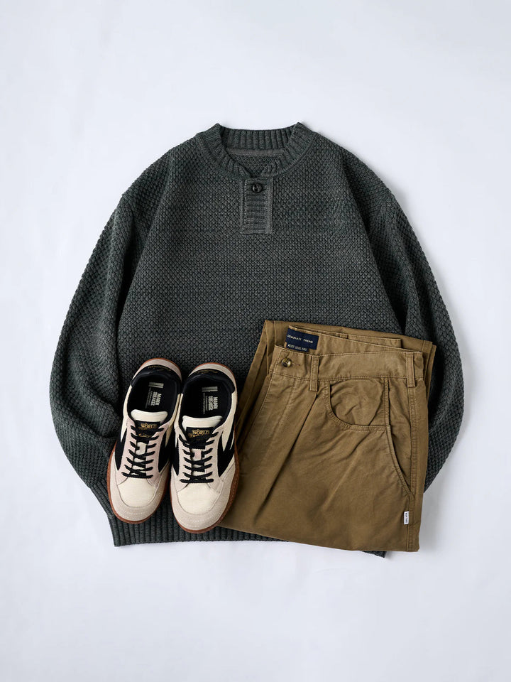 Heavyweight Pineapple Pile Henley Neck Knit Sweater