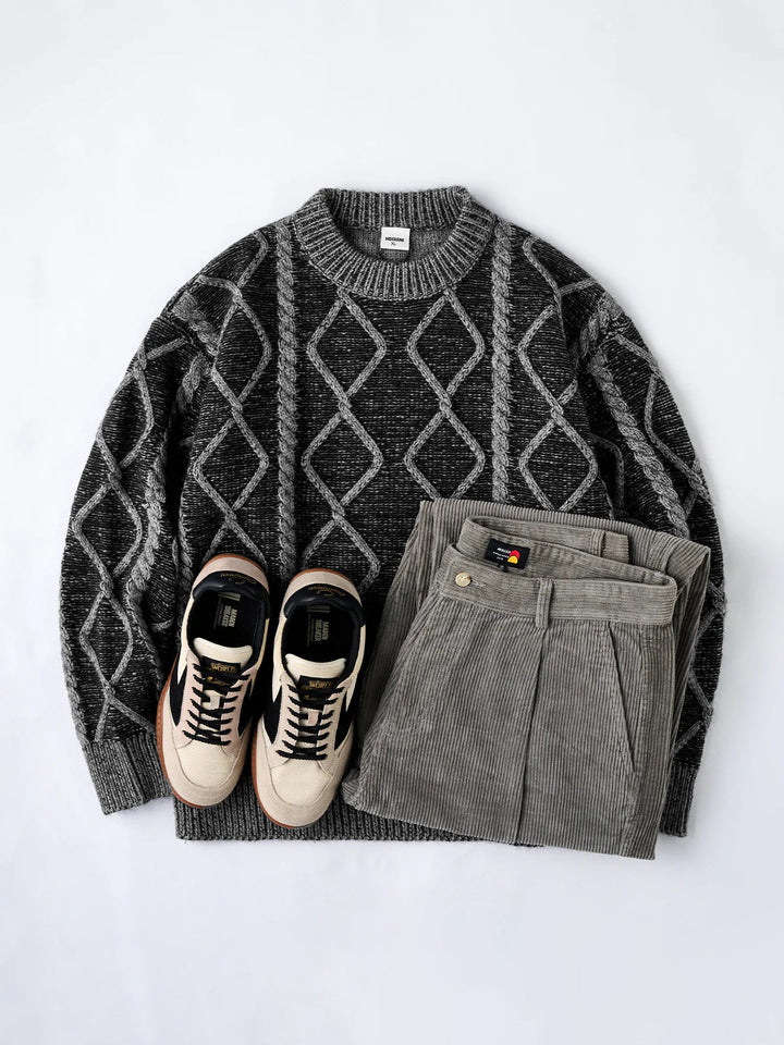 Crew Neck Sweater with Diamond Cable Knit Pattern