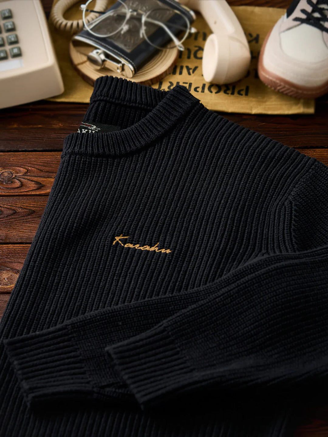 Rib-Knit Sweater with “Karaku” Logo Embroidery
