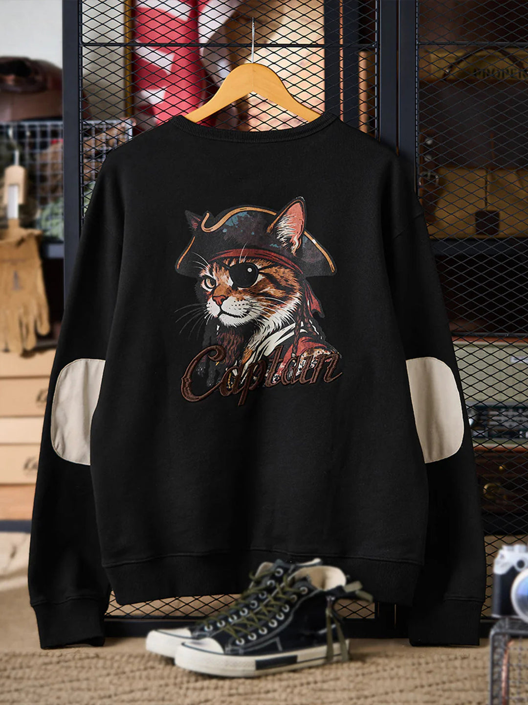 “Pirate Captain Cat” Elbow-Patch Pullover Sweatshirt