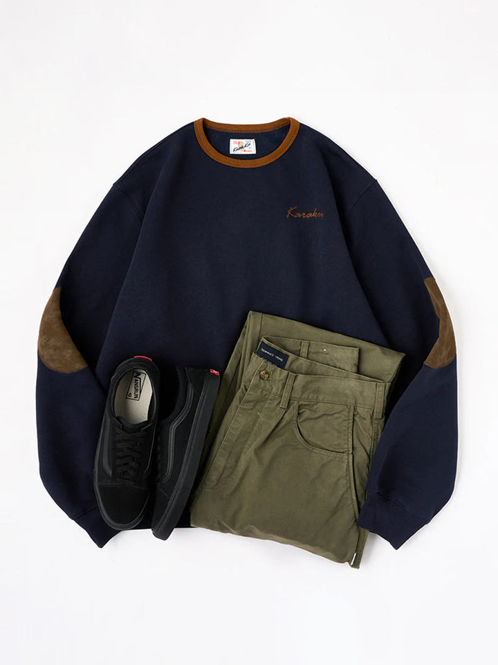"KaraKu" Embroidery  Elbow Suede Patches Brushed Cotton Sweatshirt