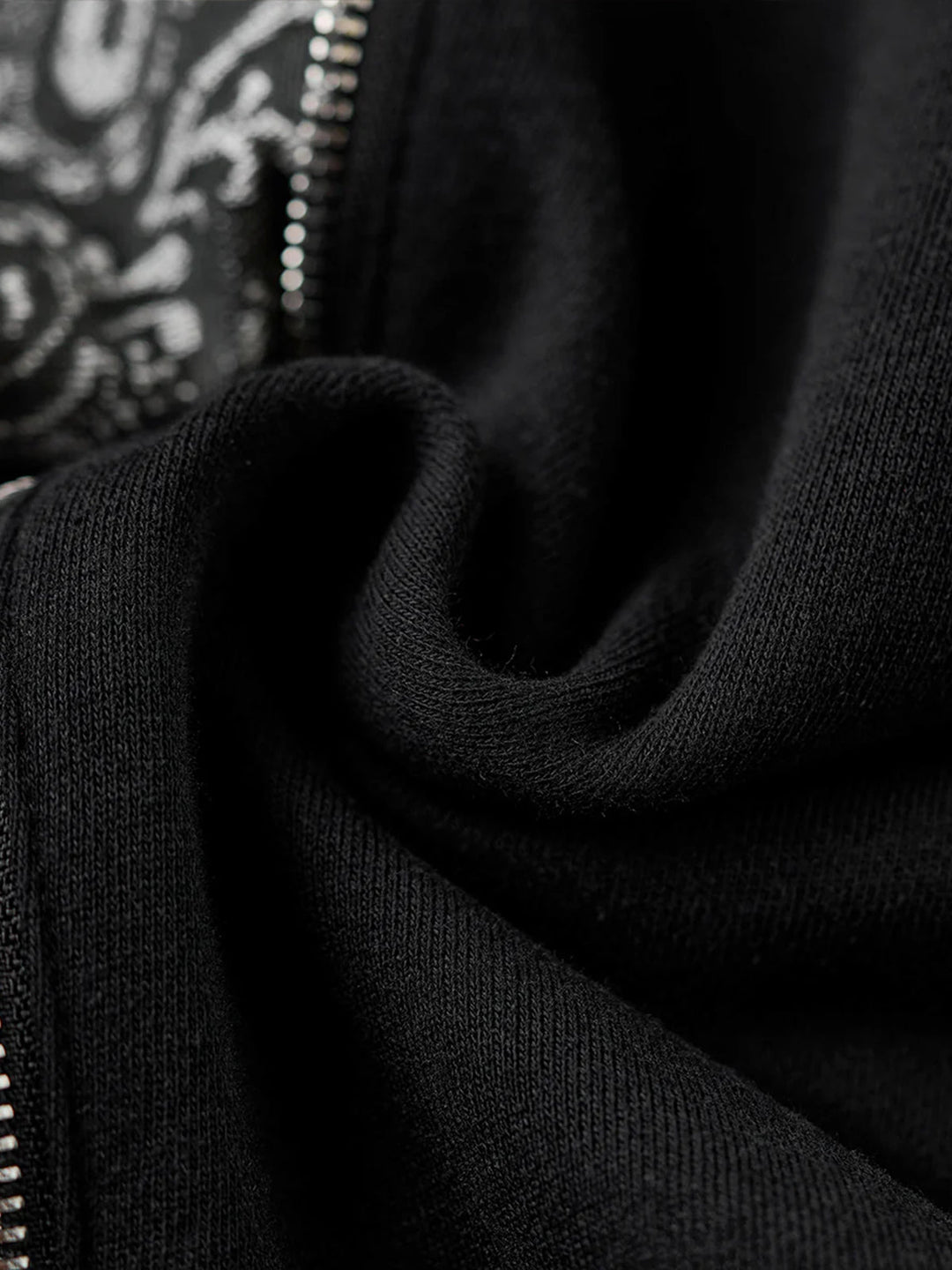 Paisley Pattern Denim Panel &amp; Zip Crewneck Pullover Sweatshirt