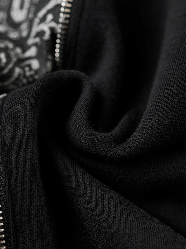 Paisley Pattern Denim Panel &amp; Zip Crewneck Pullover Sweatshirt