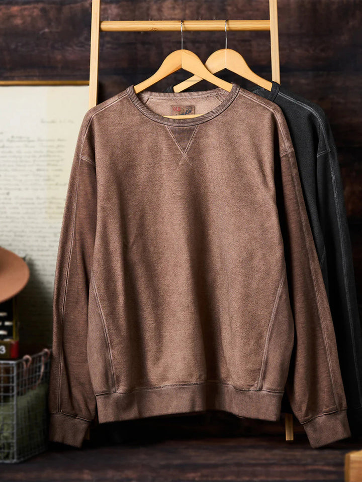 “KARAKU” Embroidered Logo Vintage-style Navy Crew Neck Sweatshirt