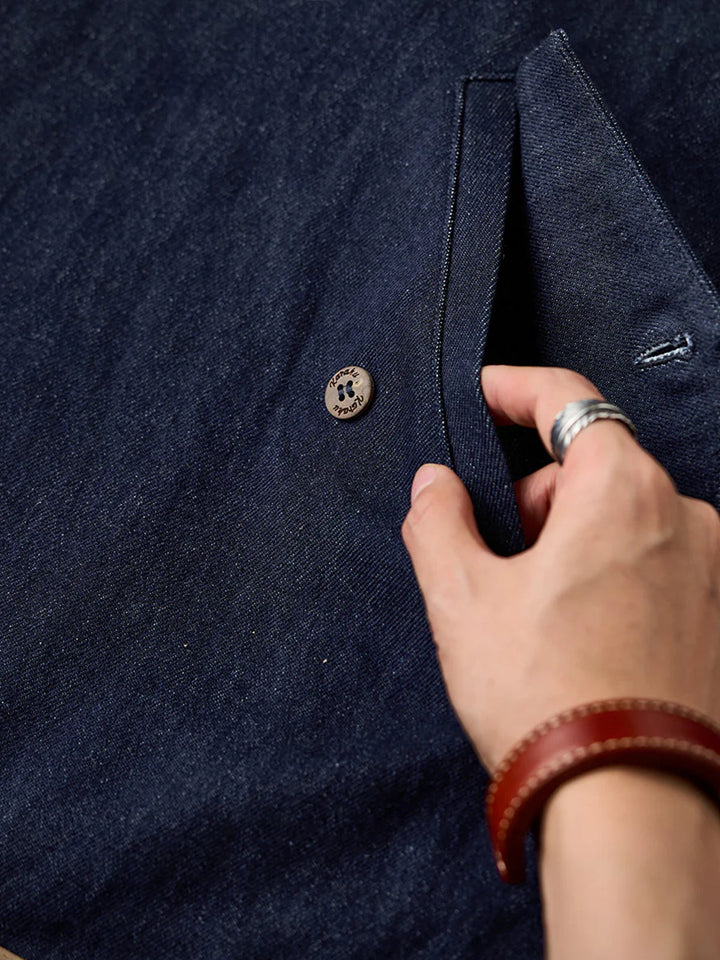 Washed Denim Hoodie with Half-Button and Side Slits