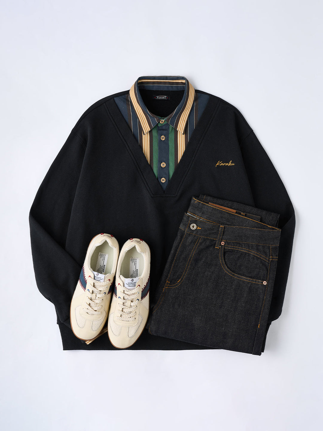 Faux-Layered V-Neck Sweatshirt with Multi-Stripe Shirt Detail