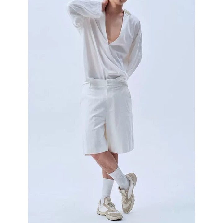 Deep V Neck Oversized Draped Tie Neck Shirt