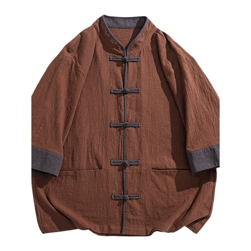 Cotton Linen Three Quarter Sleeve Frog Button Taichi Shirt