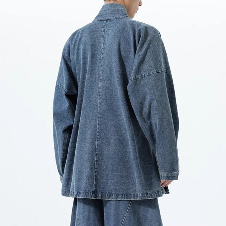 Vintage Washed Denim Cross Front Kimono Coat