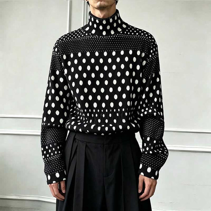 Ink-wash Polka Dot Turtleneck Pleated Base Layer Top