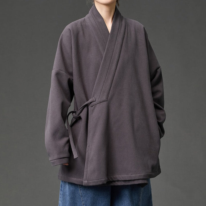 Fleece Lined Diagonal Placket Loose Hanfu Cardigan