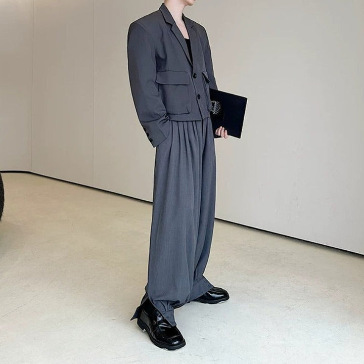Cropped Flap Pocket Blazer Draped Pleated Cuffed Wide-leg Trousers Two-piece Set