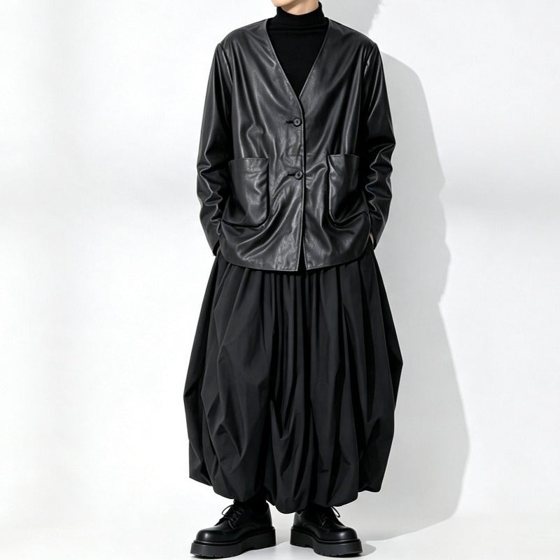 Japanese Loose Pleated V Neck PU Leather Jacket