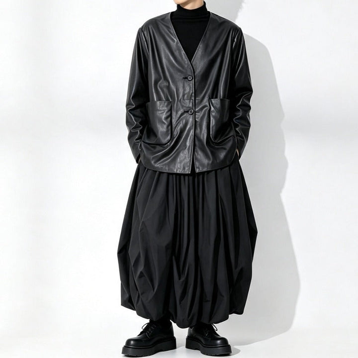 Japanese Loose Pleated V Neck PU Leather Jacket