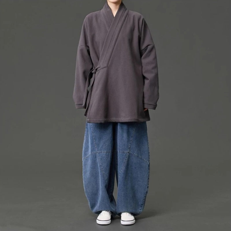 Fleece Lined Diagonal Placket Loose Hanfu Cardigan