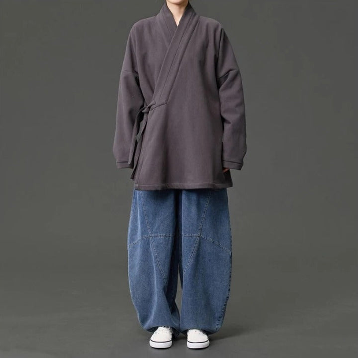 Fleece Lined Diagonal Placket Loose Hanfu Cardigan