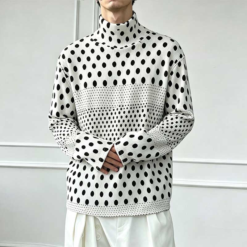 Ink-wash Polka Dot Turtleneck Pleated Base Layer Top