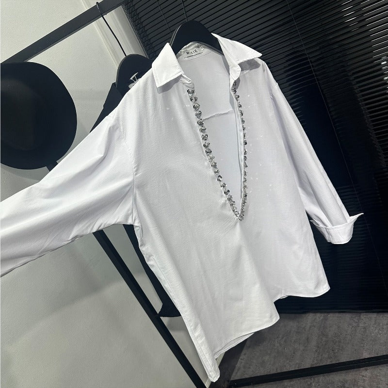 Deep V-neck Loose-fitting Sequin Shirt