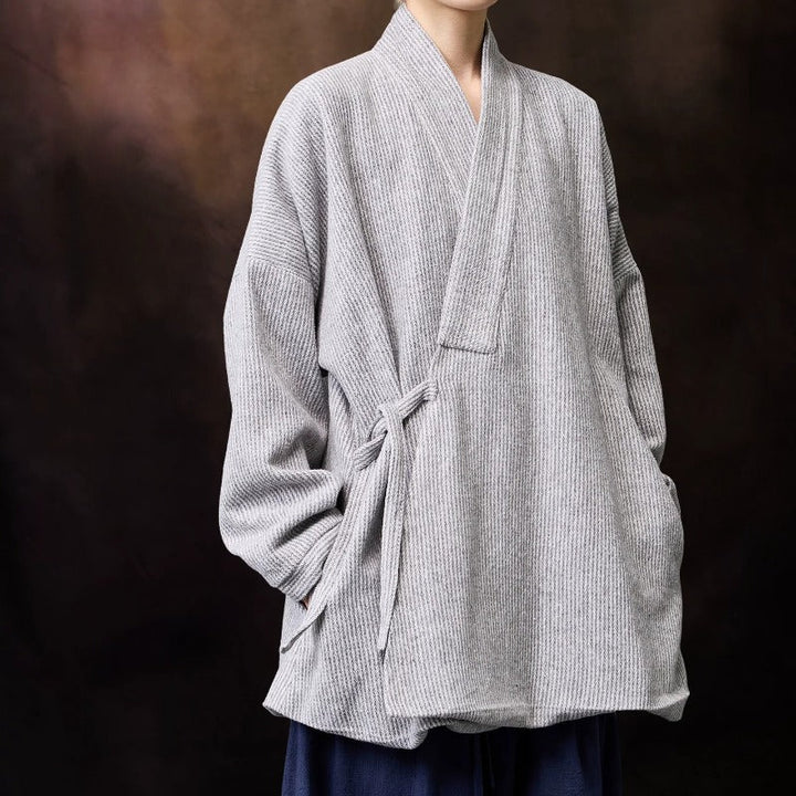 Loose Woolen Cross Front Hanfu Kimono Coat