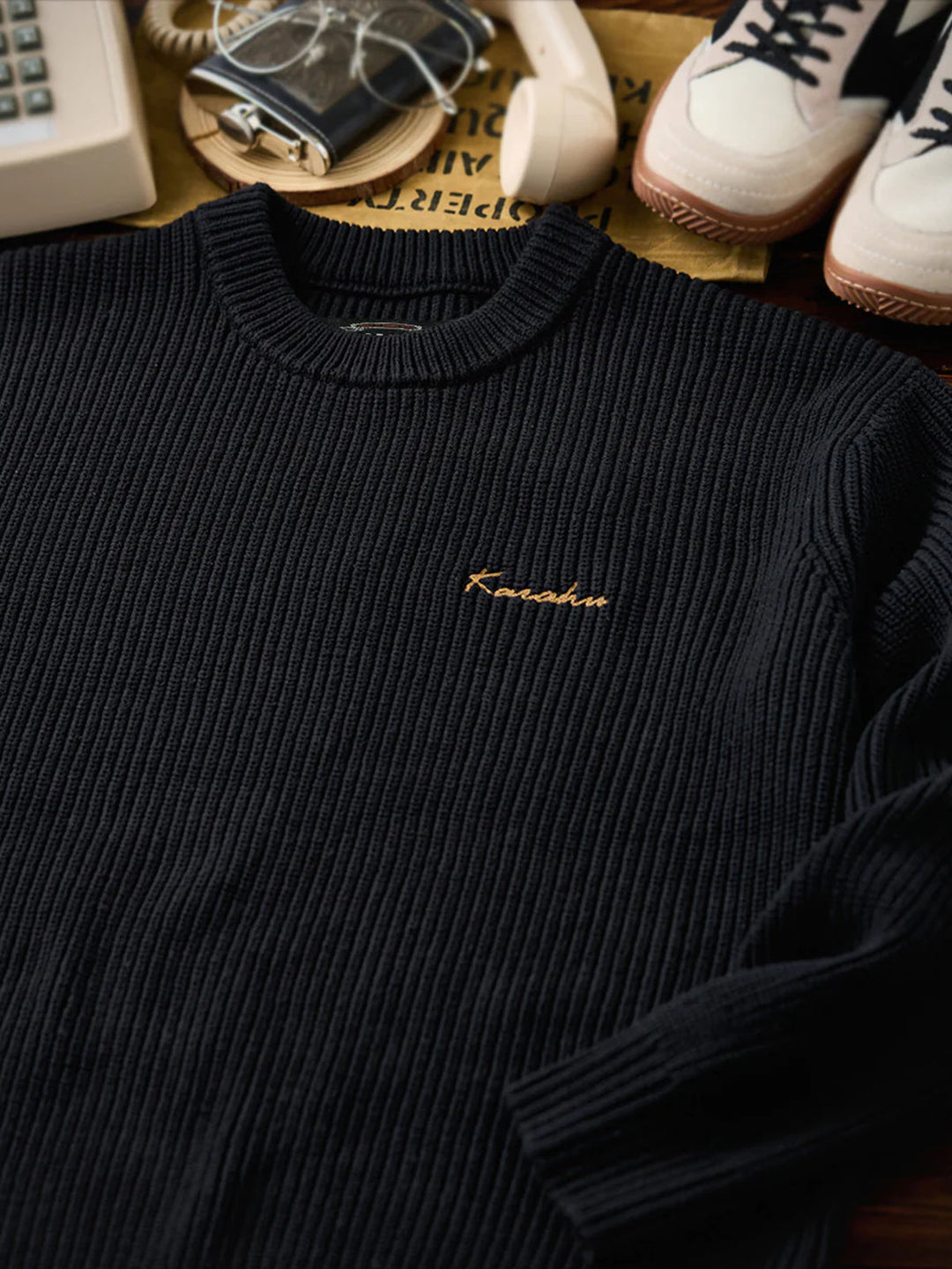 Rib-Knit Sweater with “Karaku” Logo Embroidery