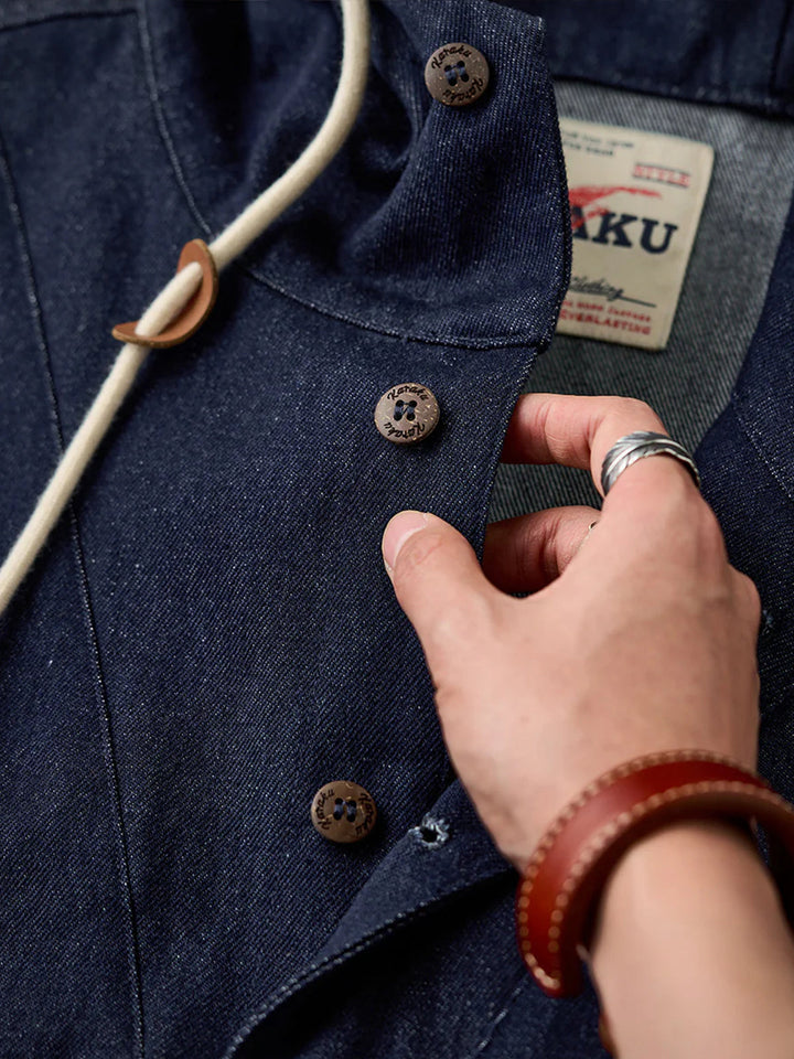 Washed Denim Hoodie with Half-Button and Side Slits