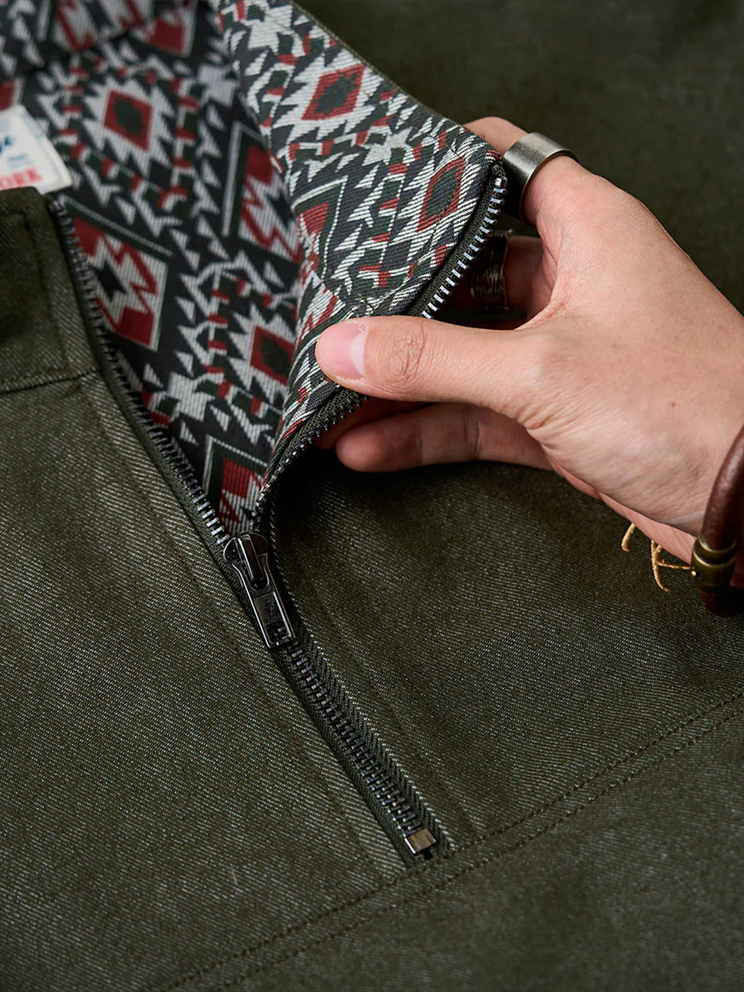 “KaraKu” Logo Embroidered Half-Zip Denim Sweatshirt with Navajo-Style Lining &amp; Elbow Patches