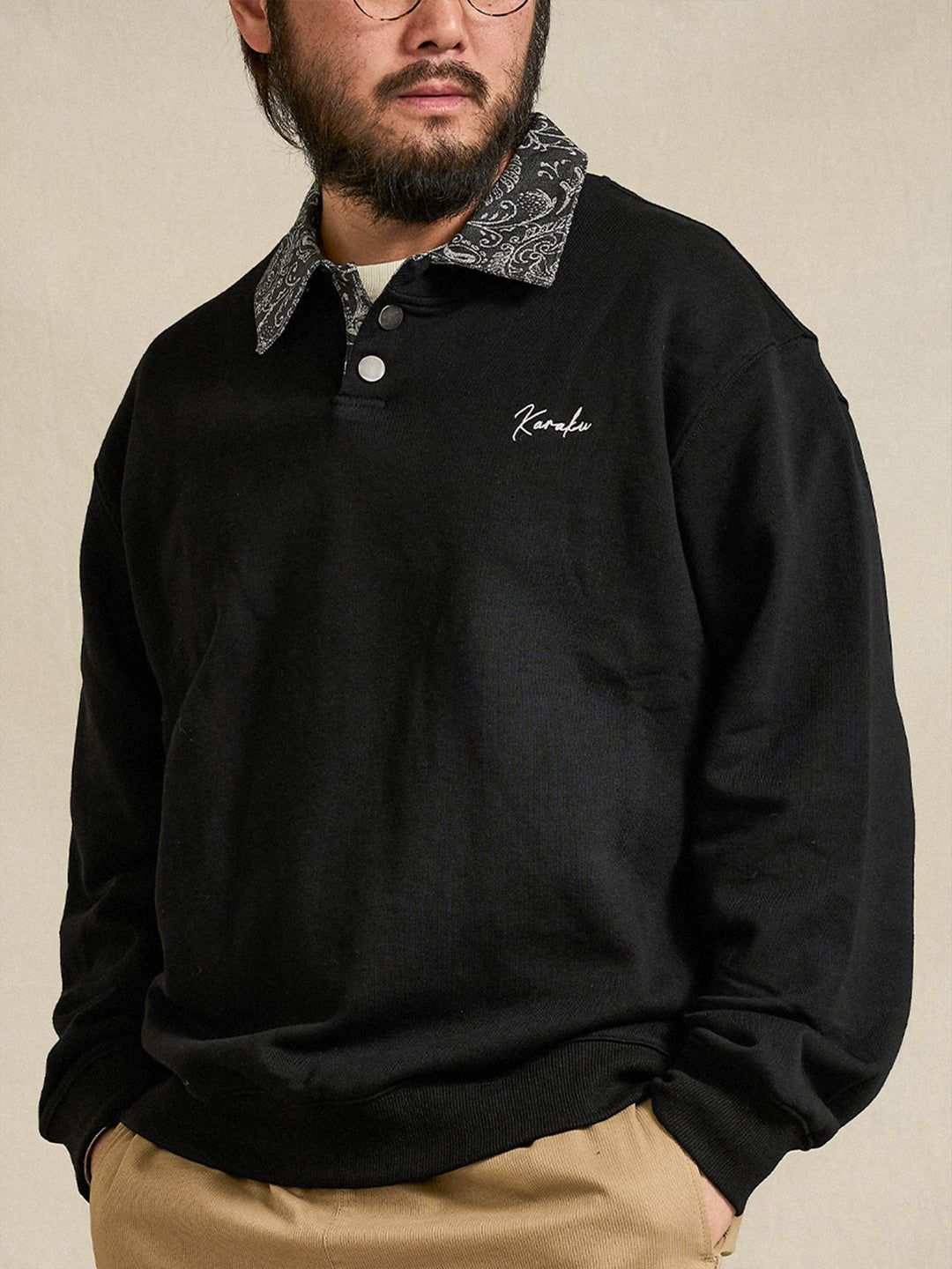 Karaku Embroidered Polo Sweatshirt with Jacquard Paisley Collar &amp; Placket