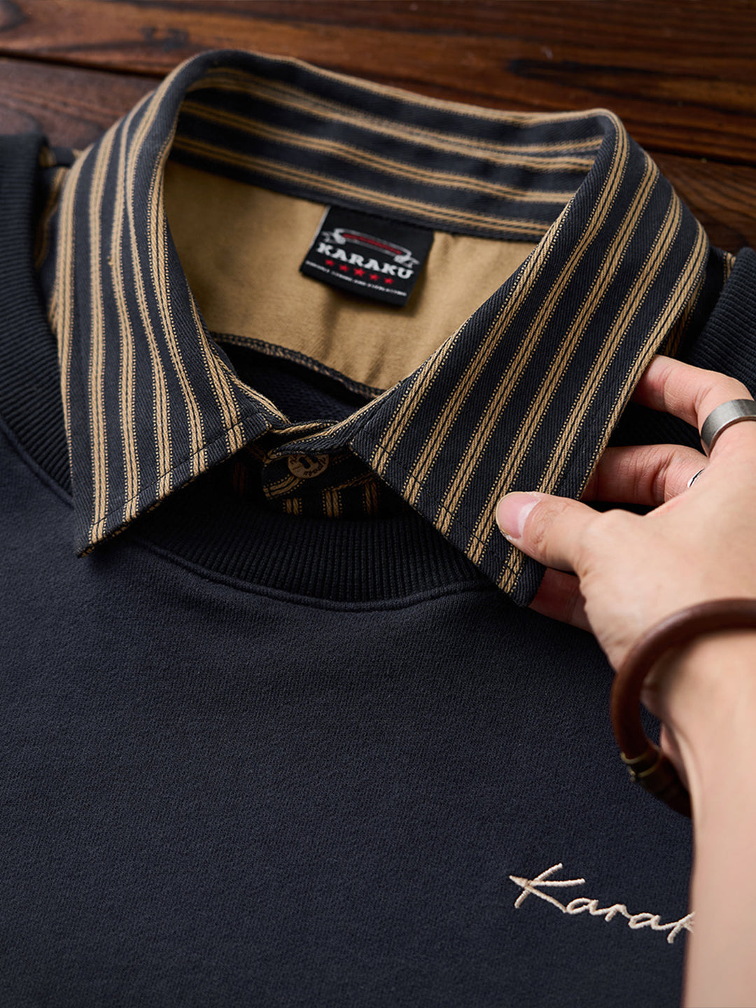 Faux-Layered Stripe Shirt &amp; Embroidered Crewneck Sweatshirt