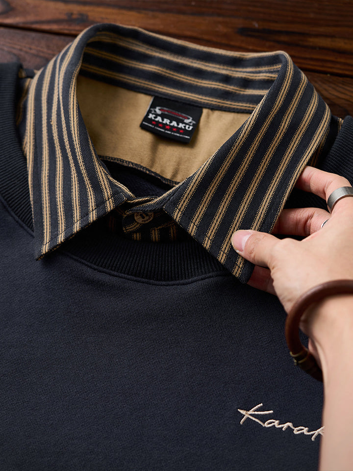 Faux-Layered Stripe Shirt &amp; Embroidered Crewneck Sweatshirt
